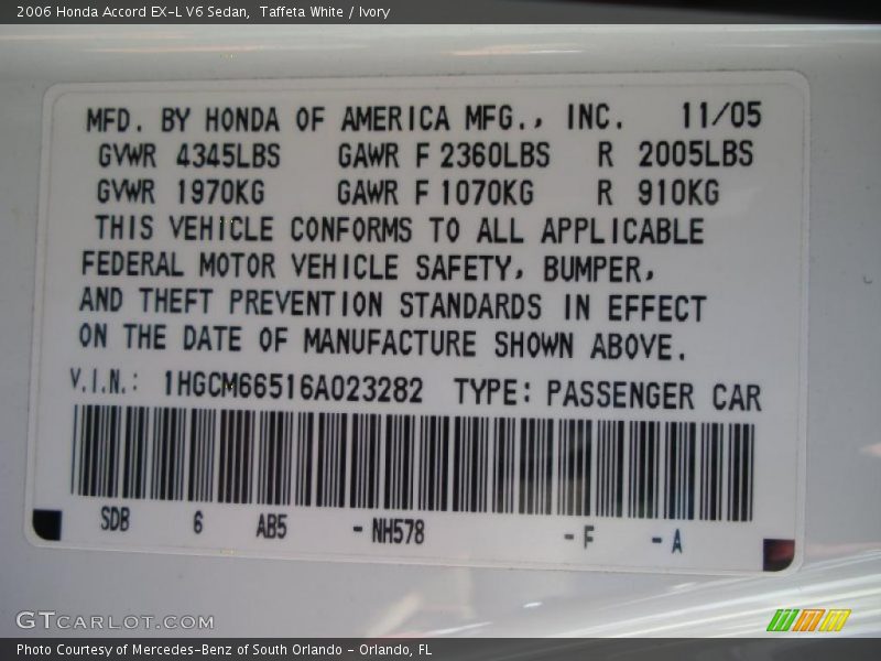 Taffeta White / Ivory 2006 Honda Accord EX-L V6 Sedan
