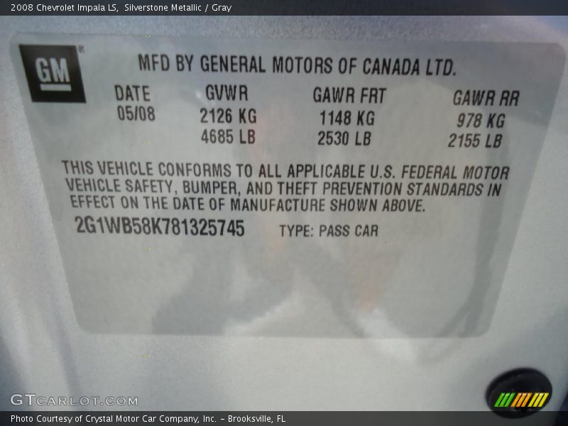 Silverstone Metallic / Gray 2008 Chevrolet Impala LS