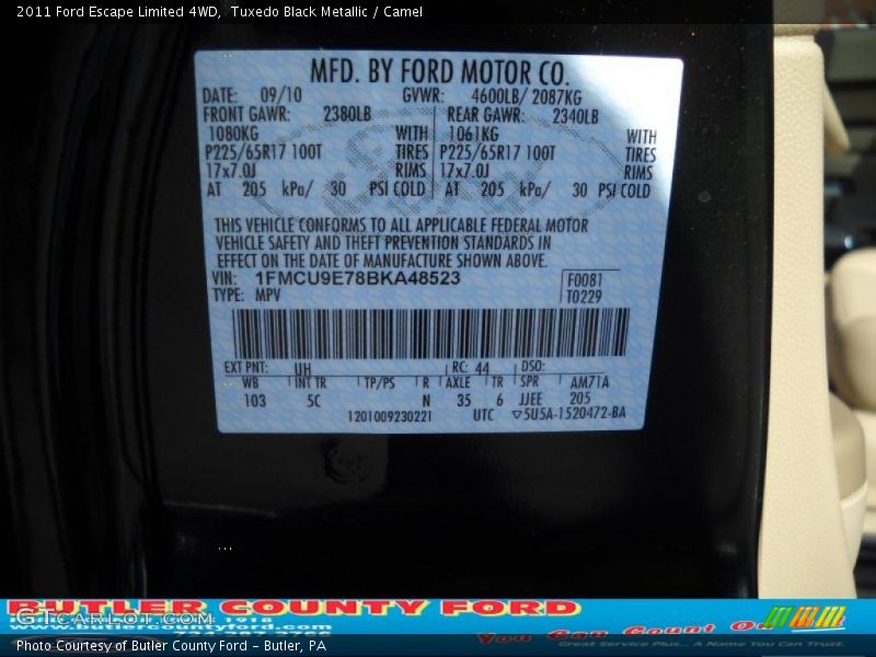 Tuxedo Black Metallic / Camel 2011 Ford Escape Limited 4WD
