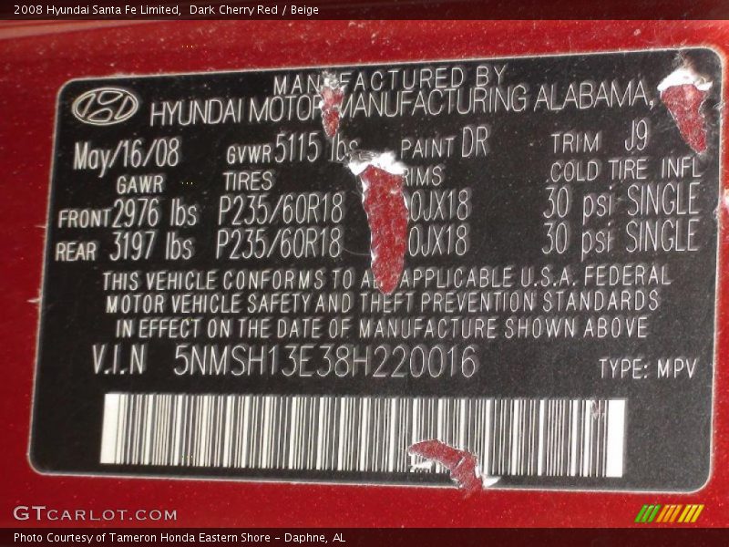 Dark Cherry Red / Beige 2008 Hyundai Santa Fe Limited