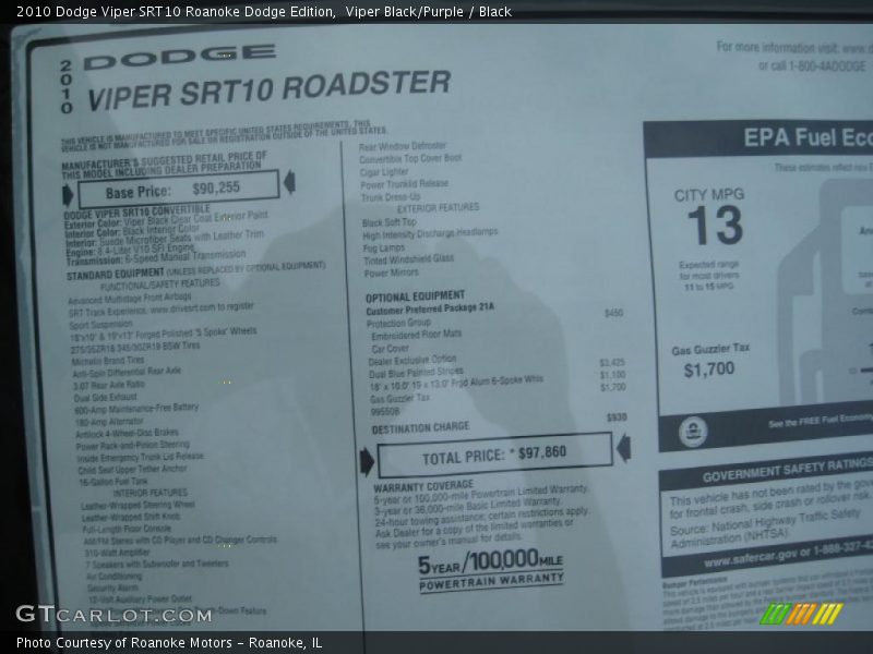 Info Tag of 2010 Viper SRT10 Roanoke Dodge Edition
