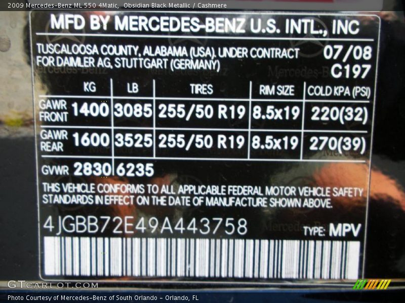 2009 ML 550 4Matic Obsidian Black Metallic Color Code 197