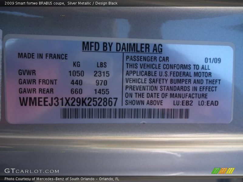 Info Tag of 2009 fortwo BRABUS coupe