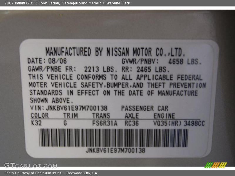Info Tag of 2007 G 35 S Sport Sedan