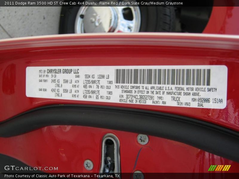 2011 Ram 3500 HD ST Crew Cab 4x4 Dually Flame Red Color Code PR4