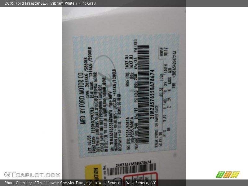 2005 Freestar SES Vibrant White Color Code WT