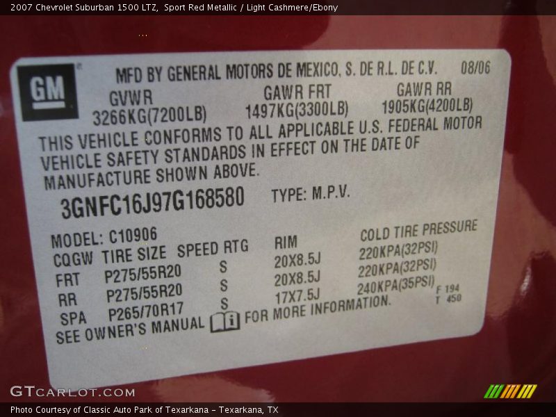 Info Tag of 2007 Suburban 1500 LTZ