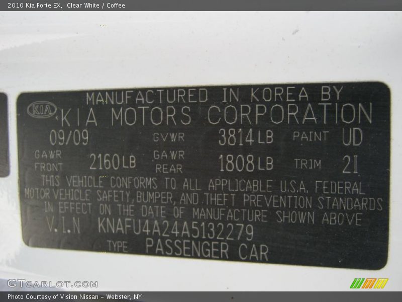 2010 Forte EX Clear White Color Code UD