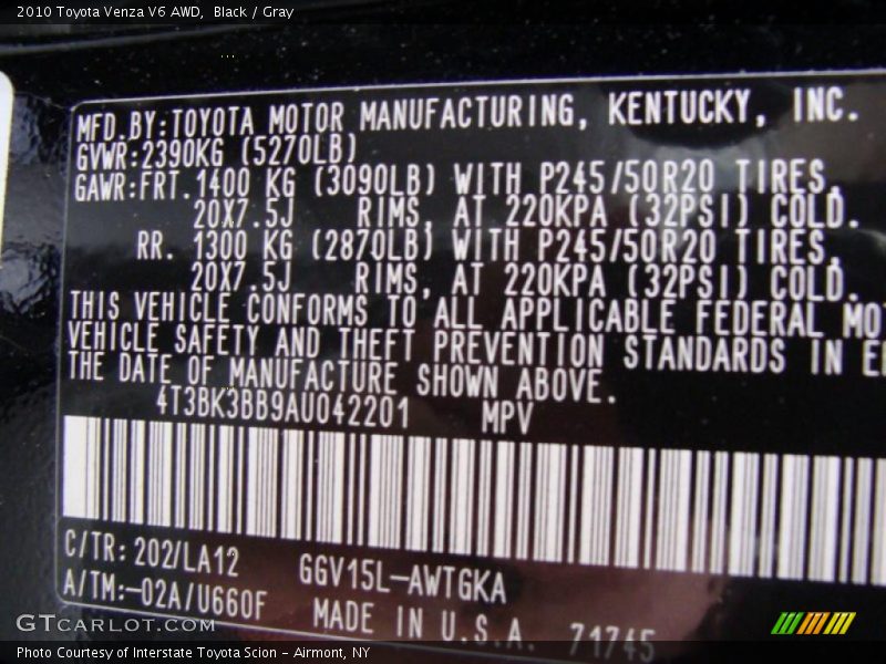 Black / Gray 2010 Toyota Venza V6 AWD