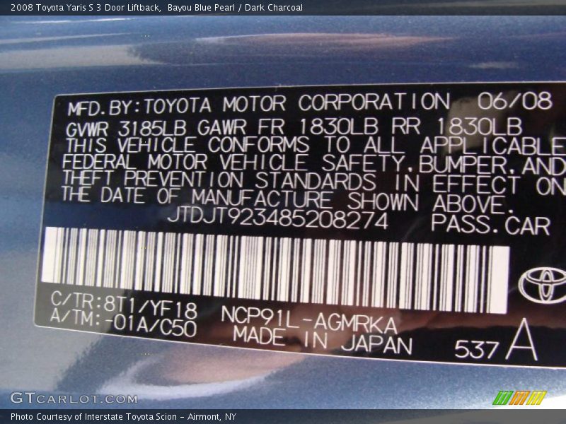 Bayou Blue Pearl / Dark Charcoal 2008 Toyota Yaris S 3 Door Liftback