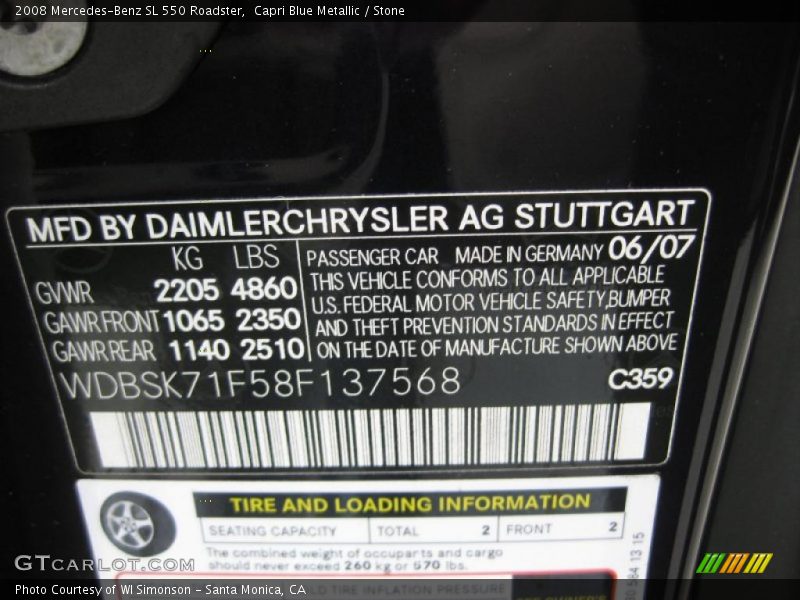 Capri Blue Metallic / Stone 2008 Mercedes-Benz SL 550 Roadster