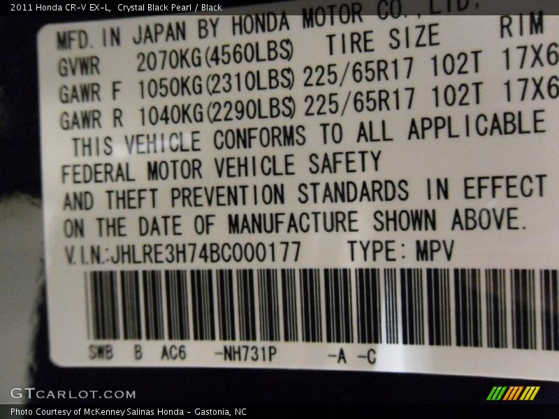 2011 CR-V EX-L Crystal Black Pearl Color Code NH731P