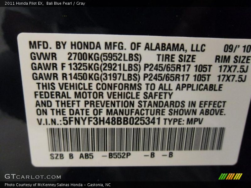 2011 Pilot EX Bali Blue Pearl Color Code B552P