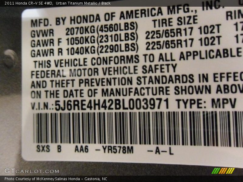 2011 CR-V SE 4WD Urban Titanium Metallic Color Code YR578M