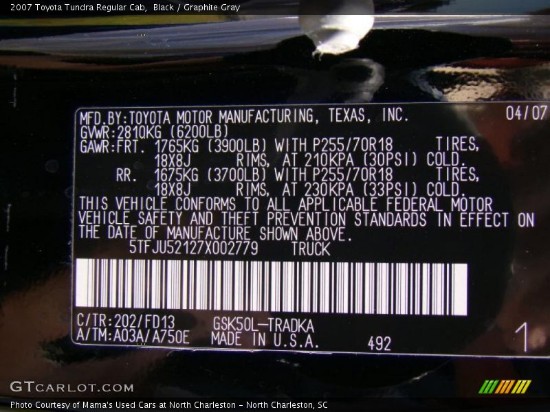 Black / Graphite Gray 2007 Toyota Tundra Regular Cab