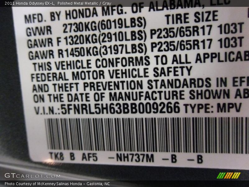 2011 Odyssey EX-L Polished Metal Metallic Color Code NH737M