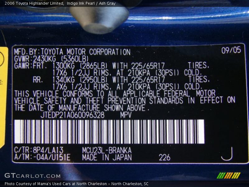 Indigo Ink Pearl / Ash Gray 2006 Toyota Highlander Limited