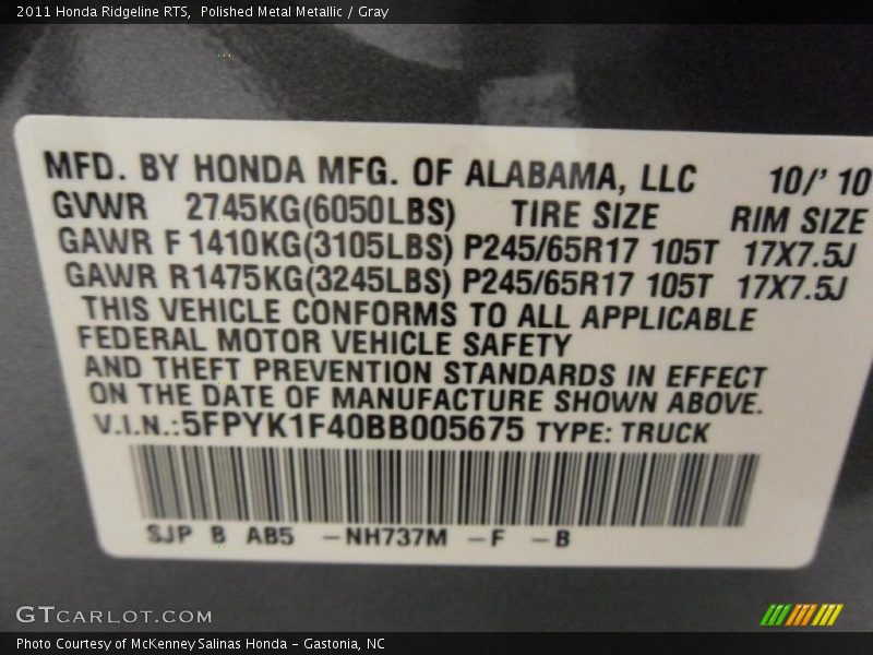 2011 Ridgeline RTS Polished Metal Metallic Color Code NH737M