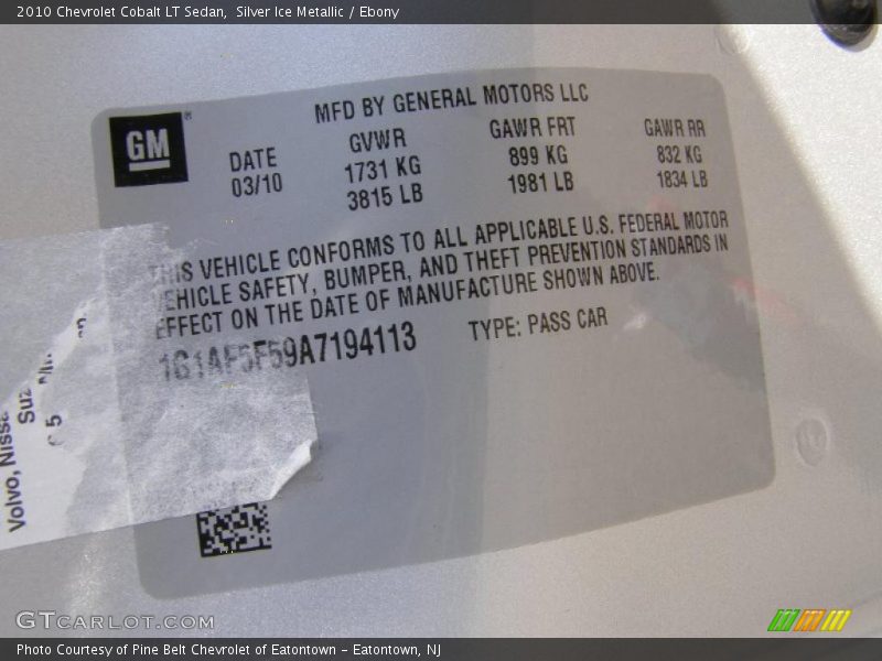 Silver Ice Metallic / Ebony 2010 Chevrolet Cobalt LT Sedan