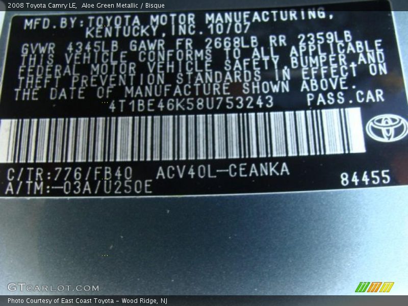Aloe Green Metallic / Bisque 2008 Toyota Camry LE