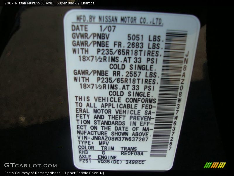 Super Black / Charcoal 2007 Nissan Murano SL AWD