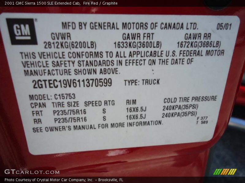 Info Tag of 2001 Sierra 1500 SLE Extended Cab