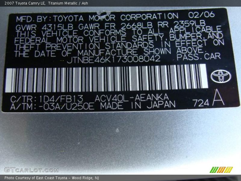 Titanium Metallic / Ash 2007 Toyota Camry LE