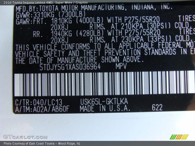 2010 Sequoia Limited 4WD Super White Color Code 040