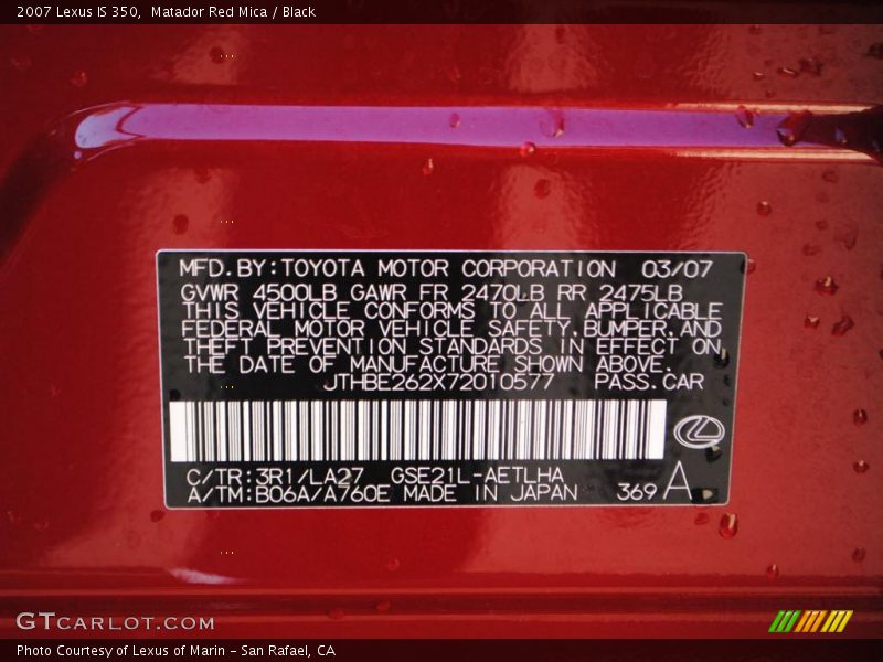 2007 IS 350 Matador Red Mica Color Code 3R1