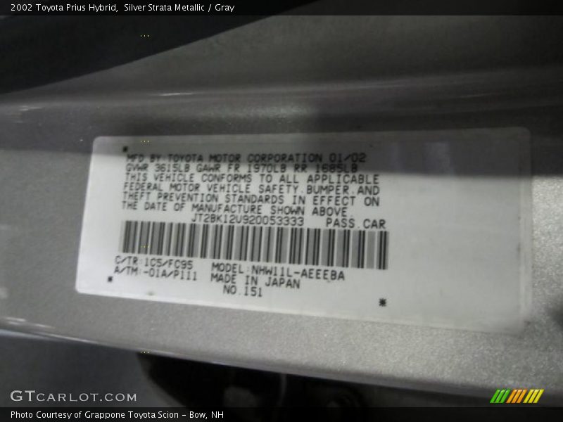 2002 Prius Hybrid Silver Strata Metallic Color Code 1C5