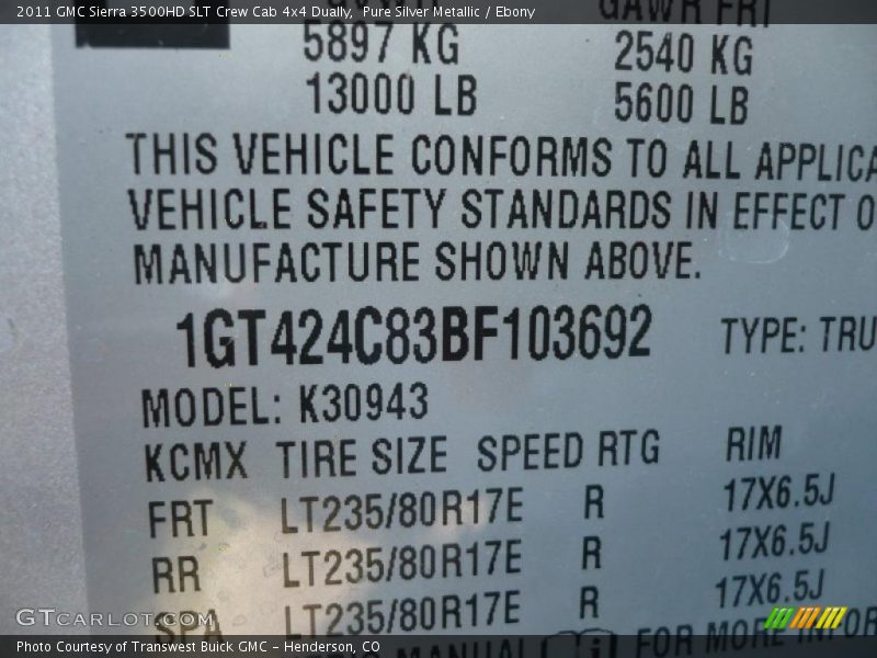 Pure Silver Metallic / Ebony 2011 GMC Sierra 3500HD SLT Crew Cab 4x4 Dually