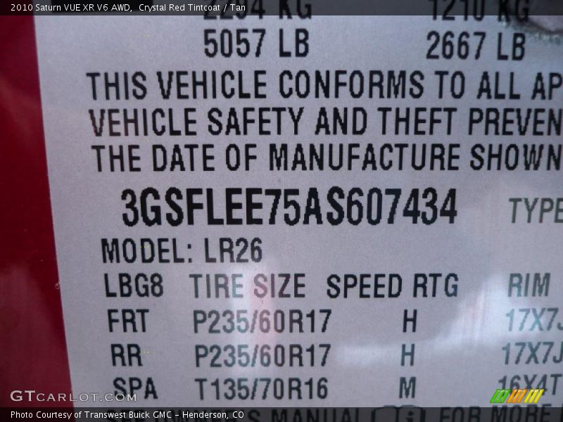 Info Tag of 2010 VUE XR V6 AWD