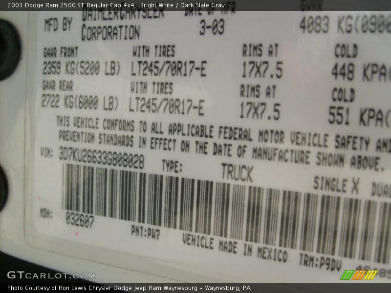 Bright White / Dark Slate Gray 2003 Dodge Ram 2500 ST Regular Cab 4x4