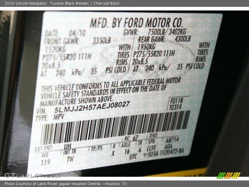 2010 Navigator  Tuxedo Black Metallic Color Code UH