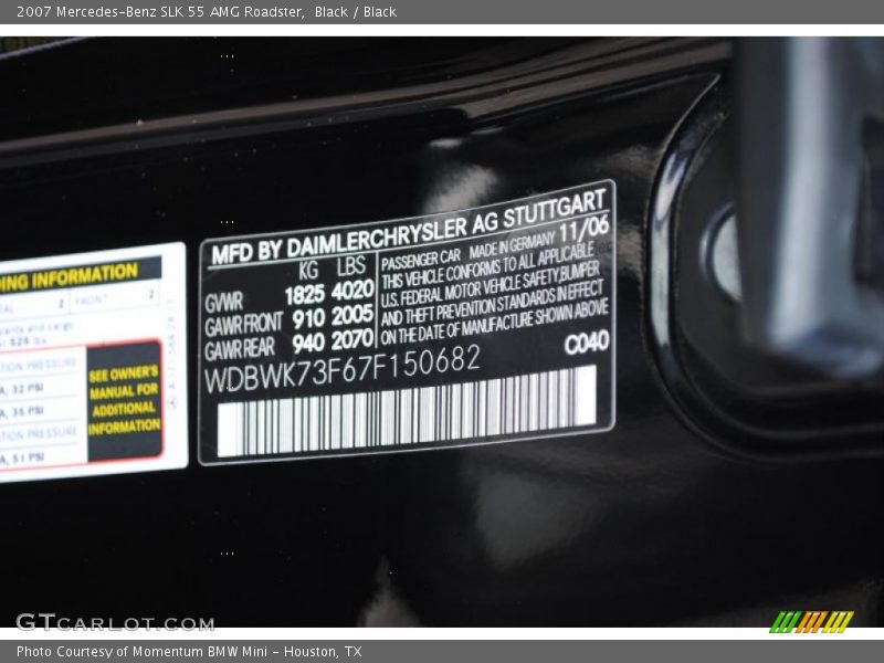 2007 SLK 55 AMG Roadster Black Color Code 040