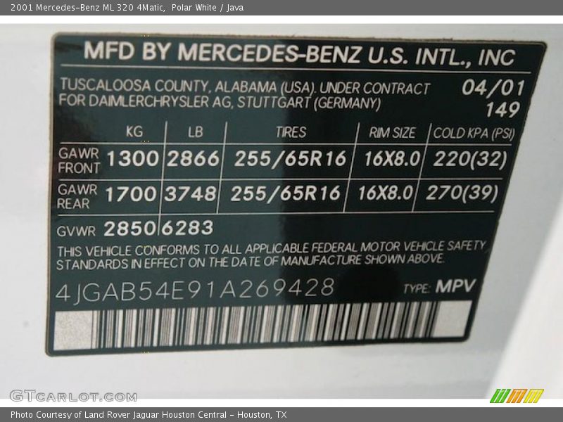 2001 ML 320 4Matic Polar White Color Code 149