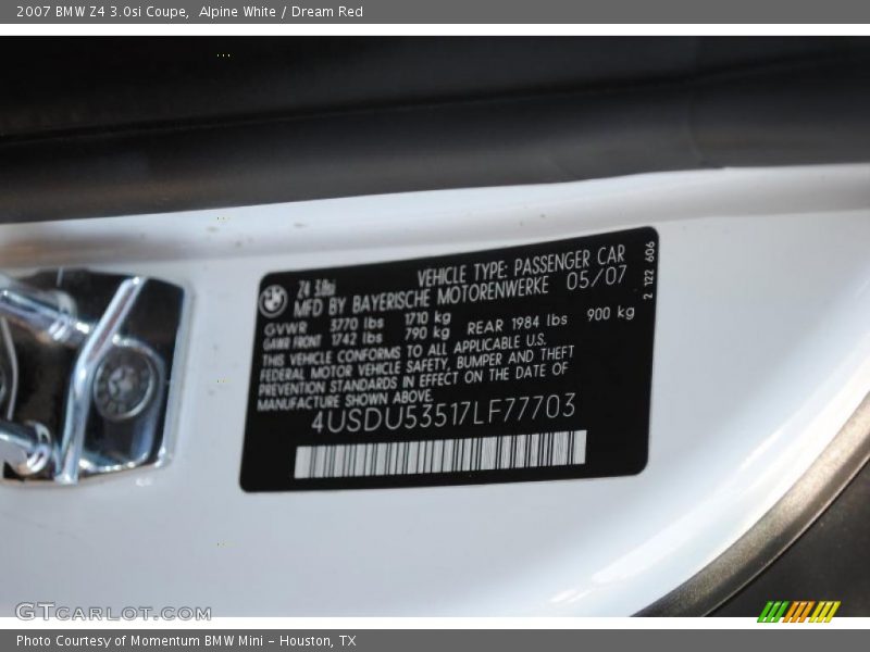 Info Tag of 2007 Z4 3.0si Coupe