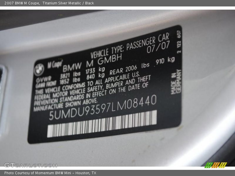 Info Tag of 2007 M Coupe