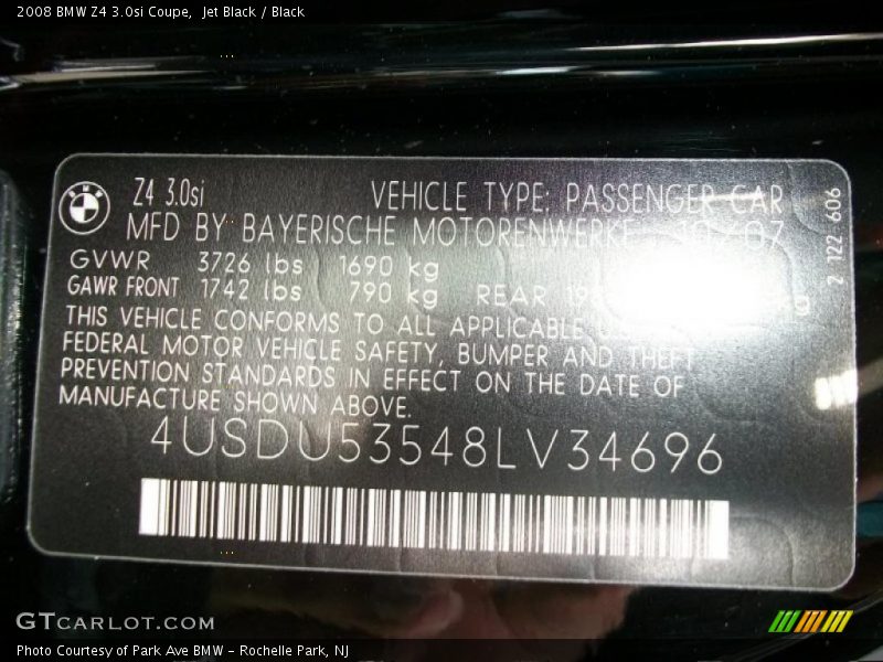 Info Tag of 2008 Z4 3.0si Coupe
