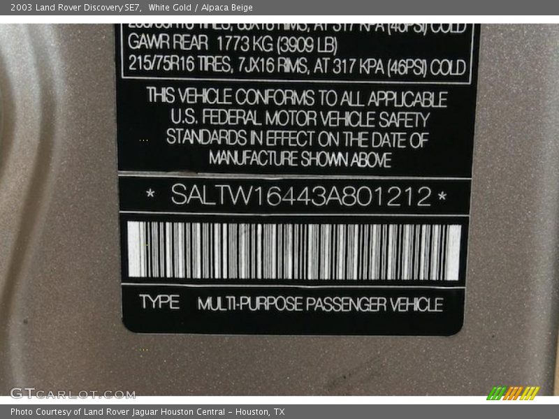 Info Tag of 2003 Discovery SE7