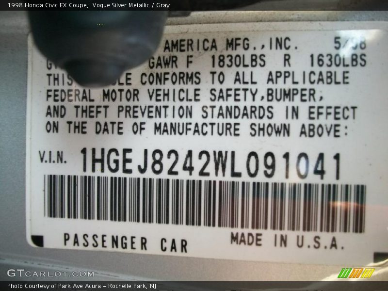 Info Tag of 1998 Civic EX Coupe