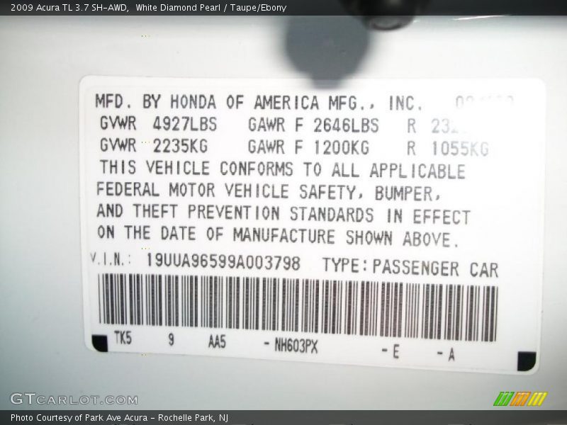 2009 TL 3.7 SH-AWD White Diamond Pearl Color Code NH603P