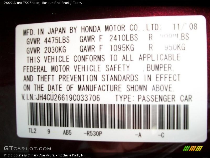 Basque Red Pearl / Ebony 2009 Acura TSX Sedan