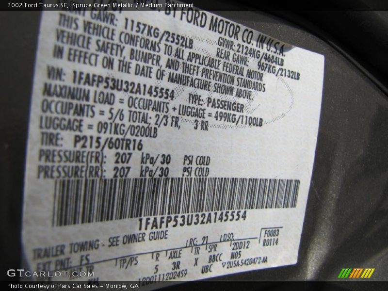 Spruce Green Metallic / Medium Parchment 2002 Ford Taurus SE