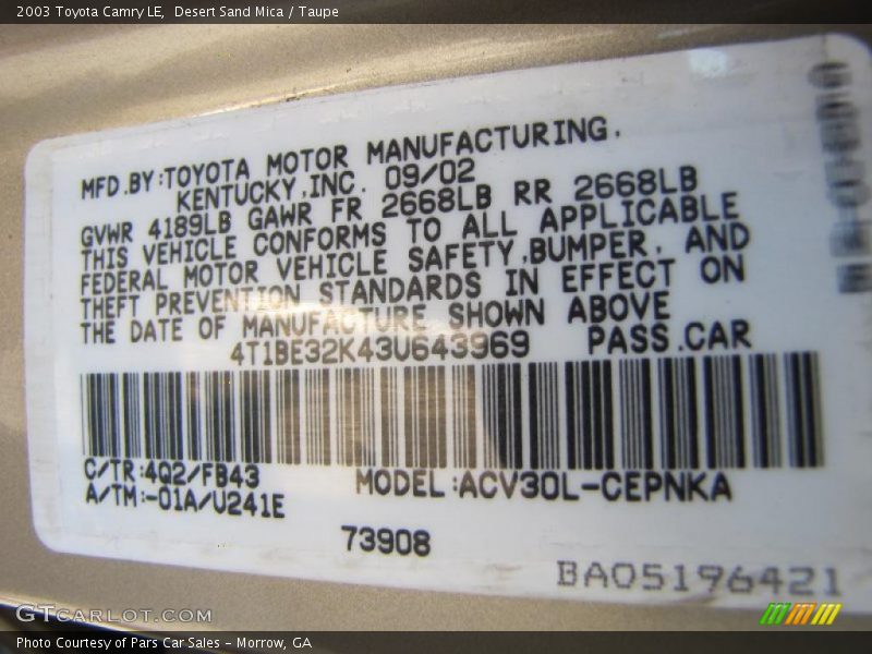 Desert Sand Mica / Taupe 2003 Toyota Camry LE