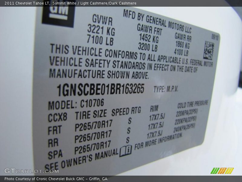 Info Tag of 2011 Tahoe LT
