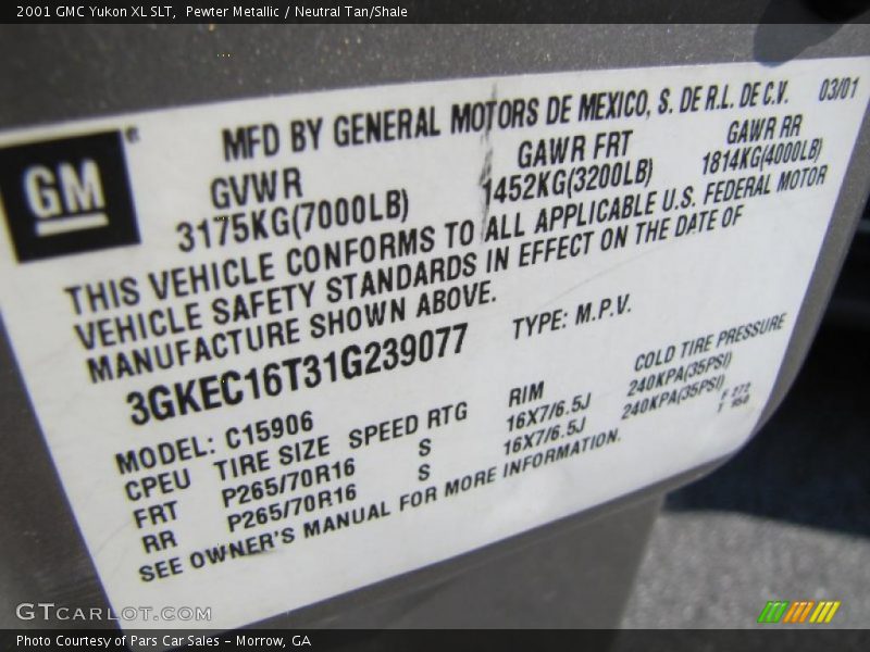 Info Tag of 2001 Yukon XL SLT
