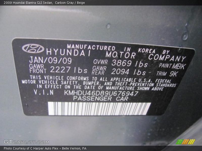 Carbon Gray / Beige 2009 Hyundai Elantra GLS Sedan