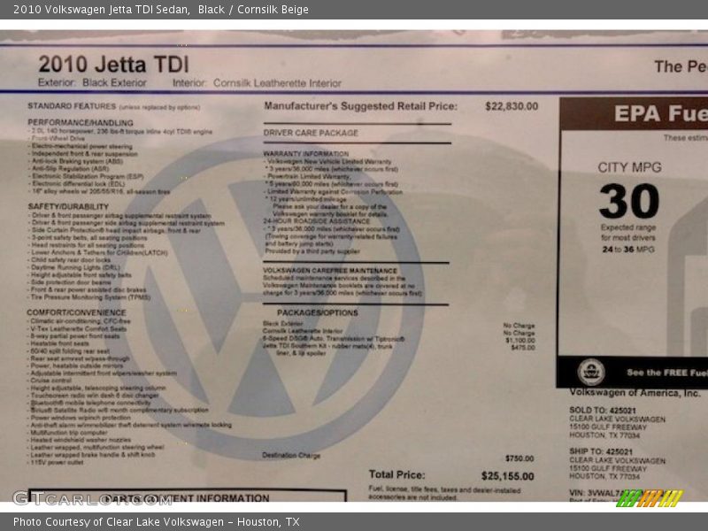  2010 Jetta TDI Sedan Window Sticker