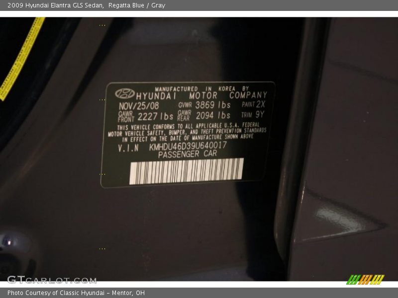 Regatta Blue / Gray 2009 Hyundai Elantra GLS Sedan